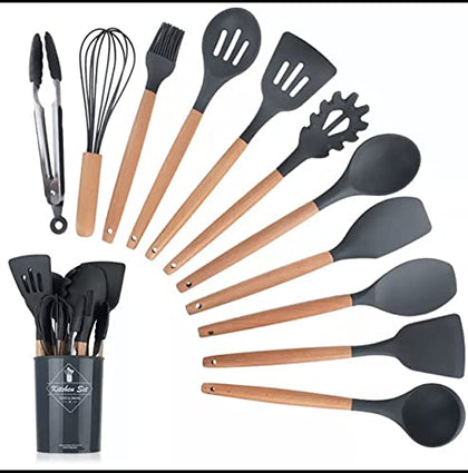Kitchen & Dining Silicone Cooking Utensils Set, Utensils Set 12Pcs,Food Grade Safety Silicone Utensils with Wooden Handles, Heat Resistant Kitchen Tools Set, Used with Non-Stick Cookware (Black)
