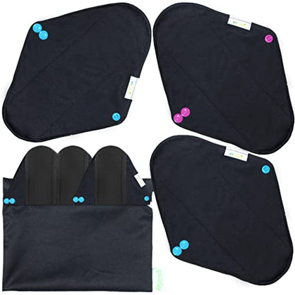 wegreeco Rayon Made from Bamboo Charcoal Reusable Menstrual Pads - Reusable Sanitary Pads | Reusable Panty Liners | Soft Cloth Menstrual Pads - 6 Pack with 1 Cloth Mini Wet Bag (Small, Black)