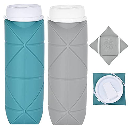 SPECIAL MADE Collapsible Water Bottle for Travel Gym Camping Sports Leakproof Valve BPA Free Silicone,Foldable,Lightweight ,Durable 20oz (Dark Green + Grey 2nd version)