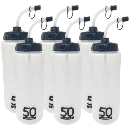 50 Strong 1 Liter Water Bottle with Straw | 6-Pack Hockey Water Bottle with Long Straw | Bulk Pack Easy Squeeze Bottles | BPA-Free Sports Water Bottle for Football, Lacrosse & Boxing | Made in USA