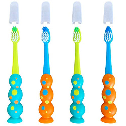 Trueocity Kids Toothbrush 4 Pack - Soft Contoured Bristles - Child Sized Brush Heads (3-10 Year Old) - Suction Cup for Fun & Easy Storage - Girl & Boy Set (Blue & Orange)