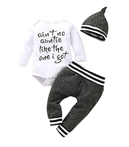 Aint No Auntie Like The One I Get Baby Boy Clothes Auntie Saying Letter Print Long Sleeve Romper Pants Hats (White, 0-3 Months)
