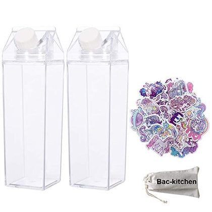 Bac-kitchen 2 Pack Milk Carton Water Bottle - Clear Square Milk Bottles BPA Free Portable Water Bottle with 23 PCS Stickers For Outdoor Sports Travel Camping Activities