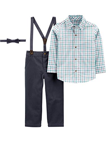 Simple Joys by Carter's Toddler Boys' 4-piece Special Occasion Bow-tie and Suspender Pants Set, Charcoal/Green Grey Checked/Navy Dots, 3T