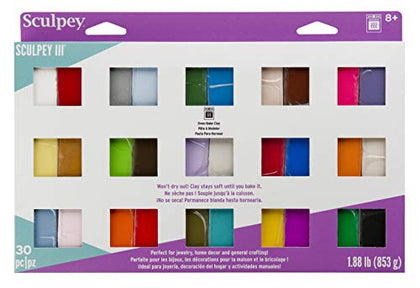 Sculpey III 30 Vibrant Colors of Polymer Oven-Bake Clay, Non Toxic 1.88 lbs., great for modeling, sculpting, holiday, DIY, mixed media and school projects. Great for all skill levels.
