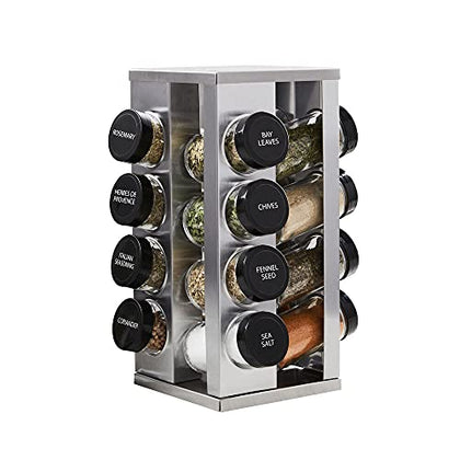 Kamenstein 16 Jar Heritage Revolving Countertop Spice Rack Organizer with Spices Included, FREE Spice Refills for 5 years, Brushed Stainless Steel with Black Caps