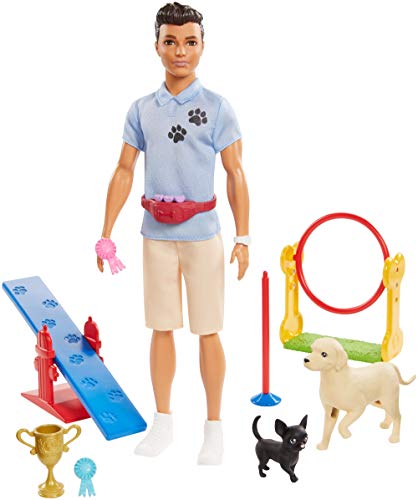 Barbie Ken Dog Trainer Playset with Doll, 2 Dog Figures, Hoop Ring, Balance Bar, Jumping Bar, Trophy and 2 Winner Ribbons for Ages 3 and Up