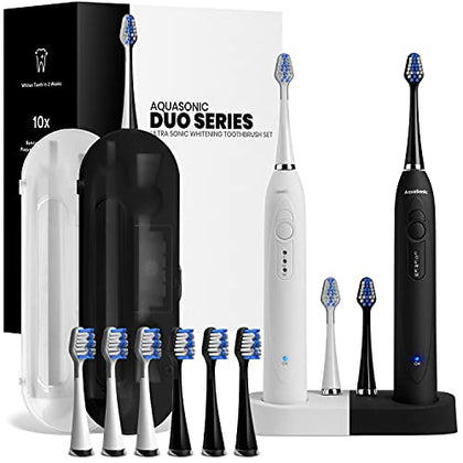 Aquasonic Duo - Dual Handle Ultra Whitening 40,000 VPM Wireless Charging Electric ToothBrushes - 3 Modes with Smart Timers - 10 Dupont Brush Heads & 2 Travel Cases Included