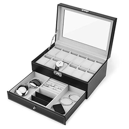 JS NOVA JUNS Watch Box, 12 Slots PU Leather Case Organizer with Jewelry Drawer for Storage and Display