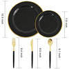 WELLIFE 120 PCS Black Plates Disposable, Gold Disposable Cutlery with Black Handle, Includes 24 Dinner Plates, 24 Dessert Plates, 96 Black Gold Cutlery for Party and Weddings