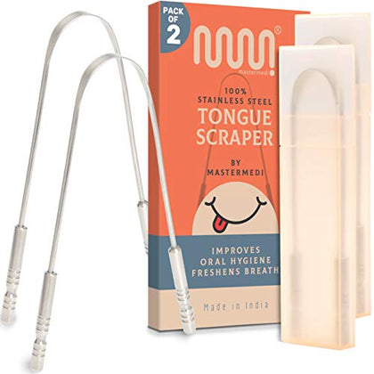 MasterMedi Tongue Scraper for Adults with Travel Cases (2 Pack), 100% Stainless Steel, Reduce Bad Breath, Tongue Scrubber, Easy to Use, Tongue Cleaner for Oral Care & Hygiene