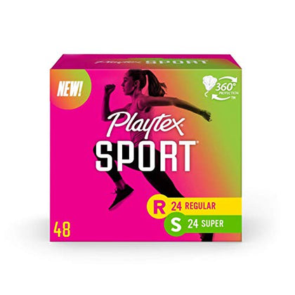 Playtex Sport Tampons, Multipack (24ct Regular/24ct Super Absorbency), Fragrance-Free - 48ct