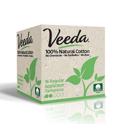 Veeda 100% Natural Cotton Compact BPA-Free Applicator Tampons Chlorine, Toxin and Pesticide Free, Regular, 16 Count