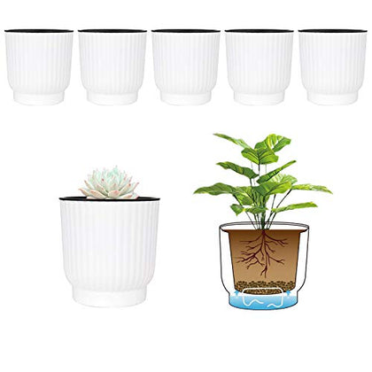 T4U 4 Inch Self Watering Pots for Indoor Plants, 6 Pack White Plastic Flower Pots for All House Plants, Flowers, African Violets