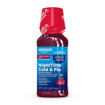 Amazon Basic Care Nighttime Cold & Flu Relief Syrup, Pain Reliever, Fever Reducer, Cough Suppressant, Antihistamine, Cherry , 8 Fluid Ounces