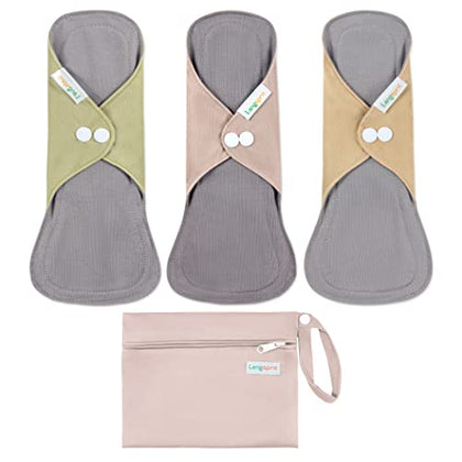 Langsprit Cotton Reusable Period Pads for Women, Washable Pads Menstrual, Regular Absorbency Cotton Cloth Menstrual Pads 3pcs Set with Mini Wet Bag, Suitable for Menstrual Period