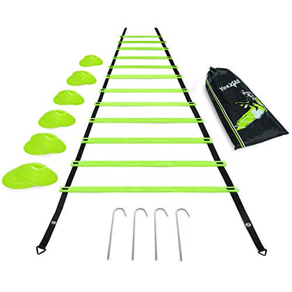 Yes4All Ultimate Combo Agility Ladder Training (Lime) Set - Speed Agility Ladder Lime 12 Adjustable Rungs, 12 Agility Cones & 4 Steel Stakes - Included Carry Bag