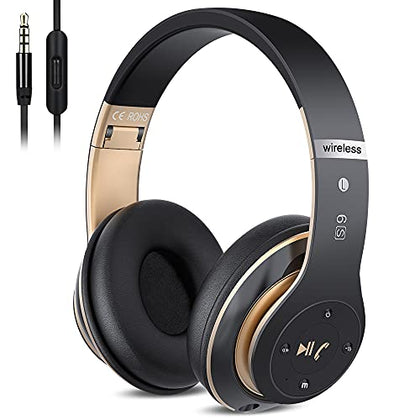 PRTUKYT 6S Wireless Bluetooth Headphones Over Ear, Hi-Fi Stereo Foldable Wireless Stereo Headsets Earbuds with Built-in Mic, Volume Control, FM for Phone/PC (Black & Gold)