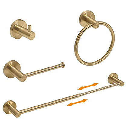 BESy 4 Piece Bathroom Accessories Set (Adjustable 16 to 26 Inch Towel Bar, Towel Ring, Toilet Paper Holder,Towel Hook), Wall Mounted Bath Hardware Accessory Fixtures Set,Stainless Steel/Brushed Gold