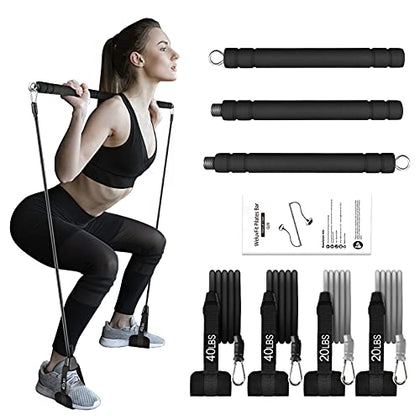 WeluvFit Pilates Bar Kit with Resistance Bands, Exercise Fitness Equipment for Women & Men, Home Gym Workouts Stainless Steel Stick Squat Yoga Pilates Flexbands Kit for Full Body Shaping