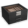 SONGMICS Jewelry Box with Glass Lid, 3-Layer Jewelry Organizer, 2 Drawers, for Big and Small Jewelry, Jewelry Storage, 8 x 9.1 x 5.3 Inches, Christmas Gifts, Graphite Black and Silver UJBC239BK