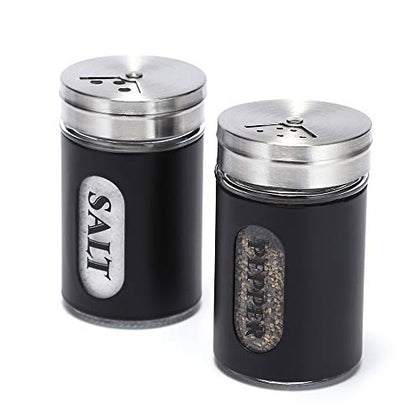 Salt and Pepper Shakers Stainless Steel and Glass Set with Adjustable Pour Holes (Black)