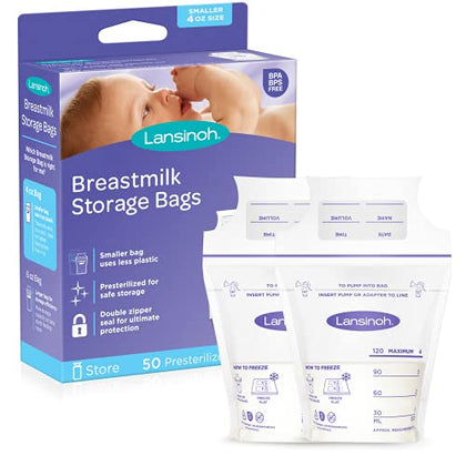 Lansinoh Breastmilk Storage Bags, 50 Count, 4 Ounce, Easy to Use Milk Storage Bags for Breastfeeding, Presterilized, Hygienically Doubled-Sealed, for Refrigeration and Freezing