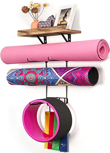 Bikoney Yoga Mat Holder Wall Mount Yoga Mat Storage Home Gym Accessories with Wood Floating Shelves and 4 Hooks for Hanging Foam Roller and Resistance Bands Fitness Home Gym Carbonized Black