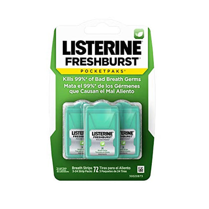 Listerine Freshburst Pocketpaks Portable Breath Strips, Dissolving Breath Freshener Strips Kill 99% of Germs that Cause Bad Breath, Portable for On-the-Go, Minty Flavor, 3 x 24-strips