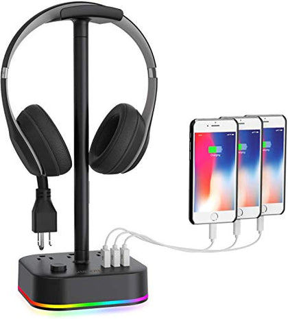 Gamenote RGB Headphone Stand & Power Strip 2 in 1 Desk Gaming Headset Holder with 3 USB Charging Ports & 3 Power Outlets Headphones Hanger Accessories for Desktop Gamer