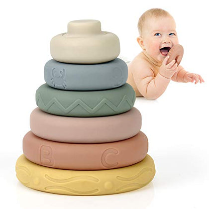 Mini Tudou 6 Pcs Stacking & Nesting Circle Toy,Soft Building Rings Stacker & Teethers,Squeeze Play with Early Educational Learning Stacking Tower, Best Gift for 6+ Months Boys&Girls