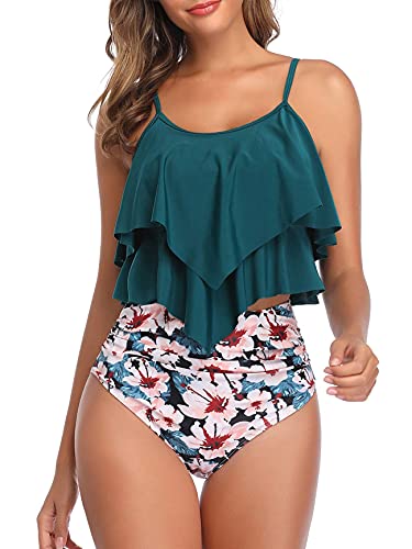 Womens Tankini Swimsuits High Waisted Bathing Suits Tummy Control Ruffled Top Swimwear Two Piece Swimming Suits 01 Blue Pink 4-6