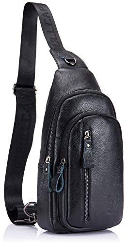 BULLCAPTAIN Mens Sling Bag Genuine Leather Chest Shoulder Backpack Crossbody Outdoor Travel Casual Daypack (blcak)