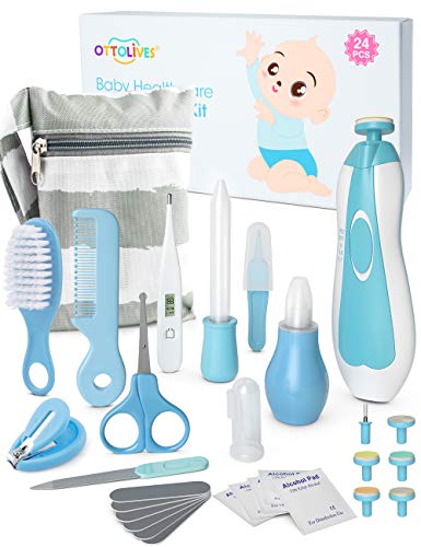 OTTOLIVES Baby Healthcare and Grooming Kit, 24 in 1 Baby Electric Nail Trimmer Set Newborn Nursery Health Care Set for Newborn Infant Toddlers Baby Boys Girls Kids Haircut Tools (0-3 Years+) (Blue)