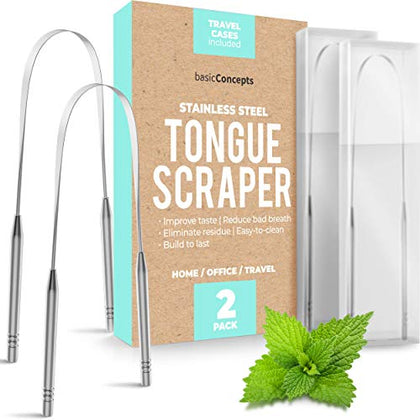 BASIC CONCEPTS Tongue Scraper for Adults (2 Pack), Reduce Bad Breath (Travel Cases Included), Stainless Steel Tongue Cleaners, Metal Tongue Scraper, Tounge Scraper - Fresher Breath in Seconds