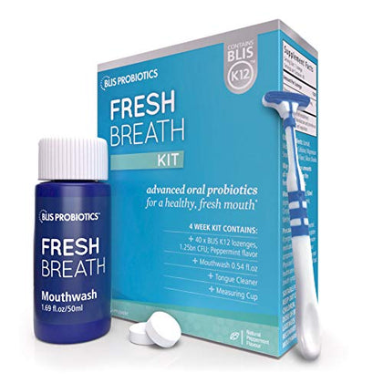 BLIS Probiotics Fresh Breath Kit with Potent BLIS K12 Oral Probiotics | Clinically Proven Bad Breath and Halitosis Treatment | Contains Mouthwash, Tongue Scraper and Lozenges - 4 Week Supply