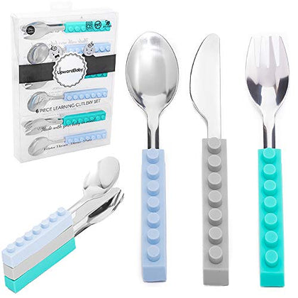Upward Baby Kids Utensils Set - Lego Interlocking 6 Piece Sensory Spoons and Forks for Self-Feeding - Toddler Silverware - Fun Stainless Steel Utensils for Toddlers - 12 Months Old + Baby Led Weaning