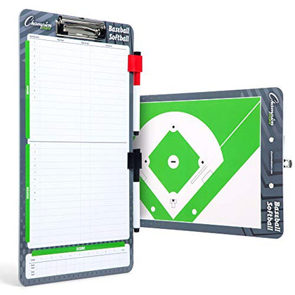 Champion Sports Dry Erase Clipboard for Coaching Baseball - Whiteboards for Strategizing, Techniques, Plays - 2-Sided Clipboards with Clip - Front Side Full Feild - Backside 2-Team Lineup (BSBOARD)