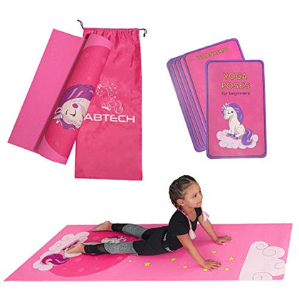 Kids Yoga Mat Set - Fun Unicorn Yoga Mat for Girls - Comfortable - Chemical Free - Non-Toxic - Non-Slip - 60 X 24 X 0.2 Inches - w/ 12 Yoga Cards for Kids - Cute Carrier Bag - Pink - Ages 3-12 (Unicorn)