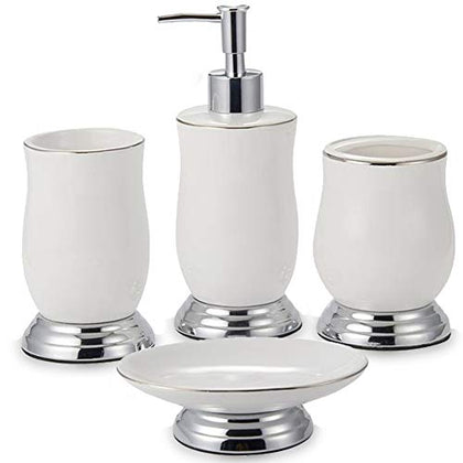 Bathroom Accessories Set Ceramic 4 Pieces Bath Gift Ensemble Set Include Lotion Dispenser Toothbrush Holder Soap Dish Soap Dispenser Set Home Countertop Décor (White)