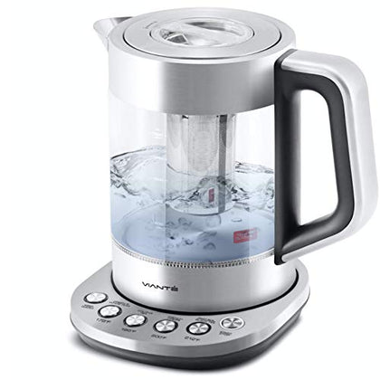 Vianté Hot Tea Maker Electric Glass Kettle with tea infuser and temperature control. Automatic Shut off. Brewing Programs for your favorite teas and Coffee.