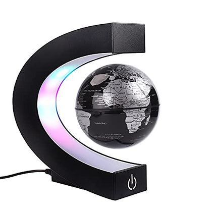 Floating Globe with Colored LED Lights C Shape Anti Gravity Magnetic Levitation Rotating World Map for Children Gift Home Office Desk Decoration (Black, with Switch)
