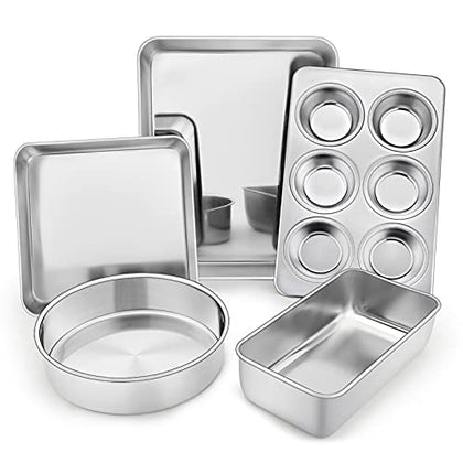 TeamFar Bakeware Sets, Stainless Steel Toaster Oven Baking Roasting Pans, Square/Round Cake Pan, Loaf Pan & Muffin Pan, Healthy & Heavy Duty, Smooth & Dishwasher Safe-5 PCS