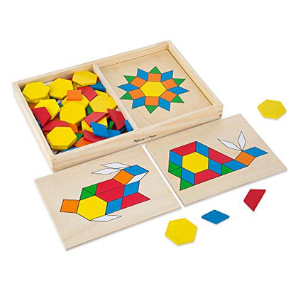 Melissa & Doug Pattern Blocks and Boards - Wooden Classic Toy With 120 Solid Wood Shapes and 5 Double-Sided Panels, Multi-colored - STEAM Animals, Tangrams Puzzle For Kids Ages 3+