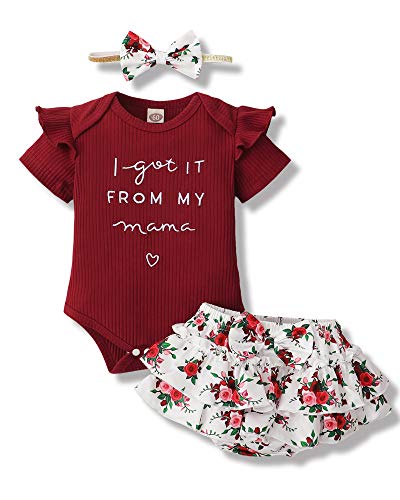 Mioglrie Newborn Baby Girl Clothes Romper Shorts Set Summer Clothes Floral Infant Girl Clothes Ruffle Clothing Wine Red Baby Girl Clothes 3-6 Months