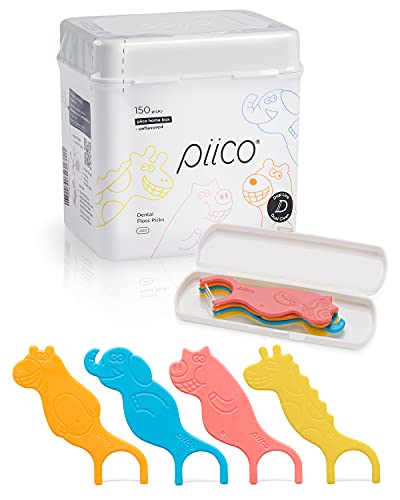 Piico Unflavored Kids Floss - No Fluoride Dual Line Dental Floss Picks - Fun Oral Care in Colorful Floss Sticks Design - Kids Flossers Prevent Tooth Decay & Gum Disease - 150 Homebox Zoo & Travel Case
