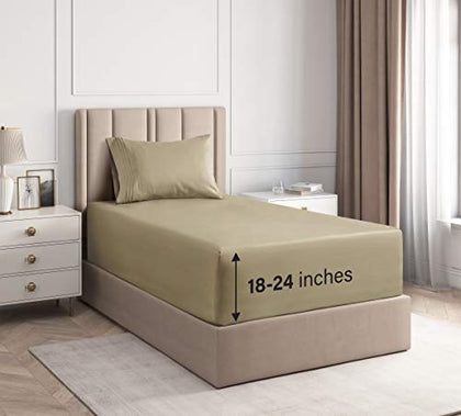 Extra Deep Pocket Twin Sheets - 3 Piece Breathable & Cooling Bed Sheets - Hotel Luxury Bed Sheet Set - Soft, Wrinkle Free & Comfy - Easily Fits Extra Deep Mattresses - Deep Pocket Beige Sheets Set