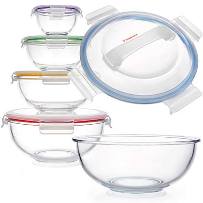 dokaworld Glass Mixing Bowls - Nesting Bowls - Space-Saving Glass Bowls with Lids Food Storage - Set of 5 Stackable Microwave Glass Containers - Storage Bowls with Lids Bpa Free - Bowls for Cooking