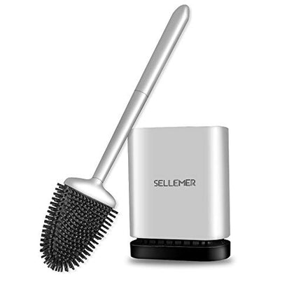 Sellemer Toilet Brush and Holder Set for Bathroom, Flexible Toilet Bowl Brush Head with Silicone Bristles, Compact Size for Storage and Organization, Ventilation Slots Base (1 Pack, Silver)