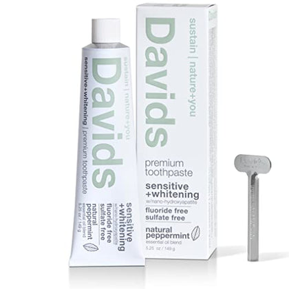 Davids Nano Hydroxyapatite Natural Toothpaste for Remineralizing Enamel, Sensitive Relief & Teeth Whitening - Antiplaque, Fluoride Free, SLS Free, Peppermint, 5.25oz, Made in USA